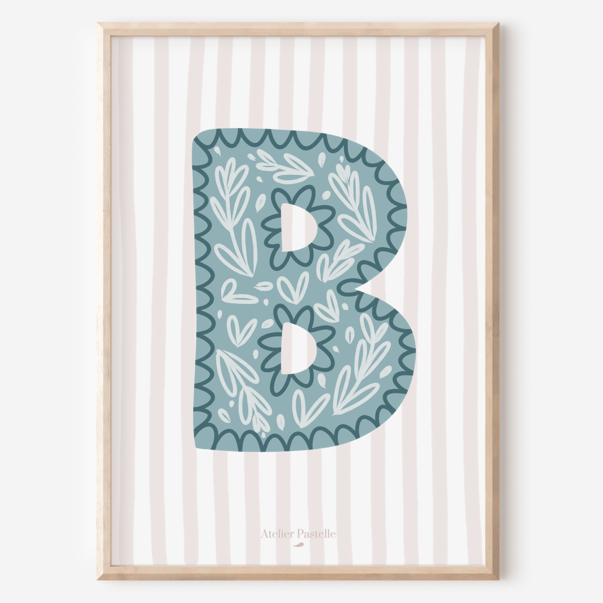 Affiche lettre B motif brindilles bleu clair - collection Les Petites Initiales