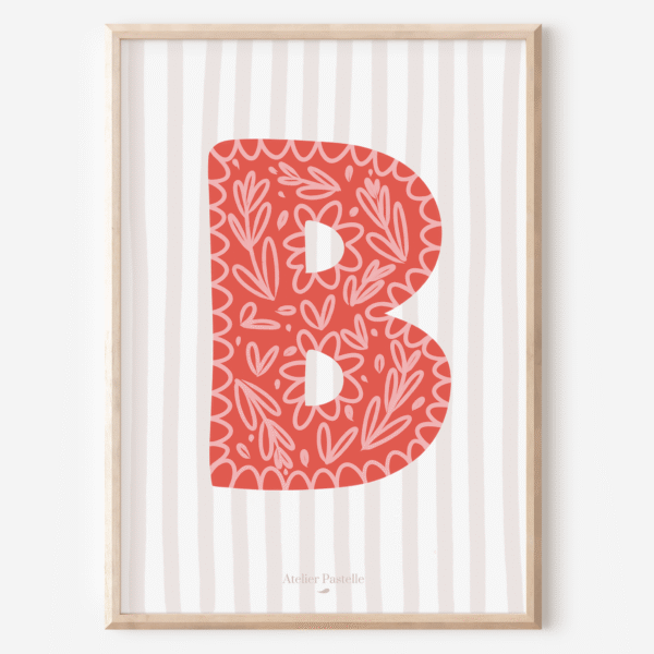 Affiche lettre B motif brindilles rouge - collection Les Petites Initiales