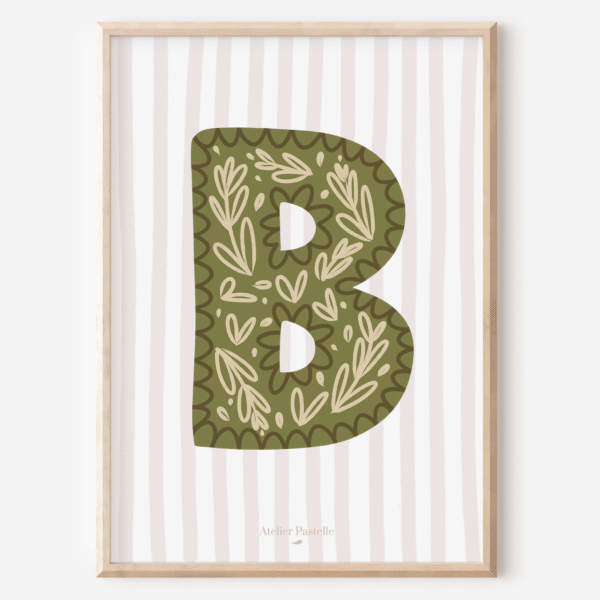 Affiche lettre B motif brindilles vert - collection Les Petites Initiales