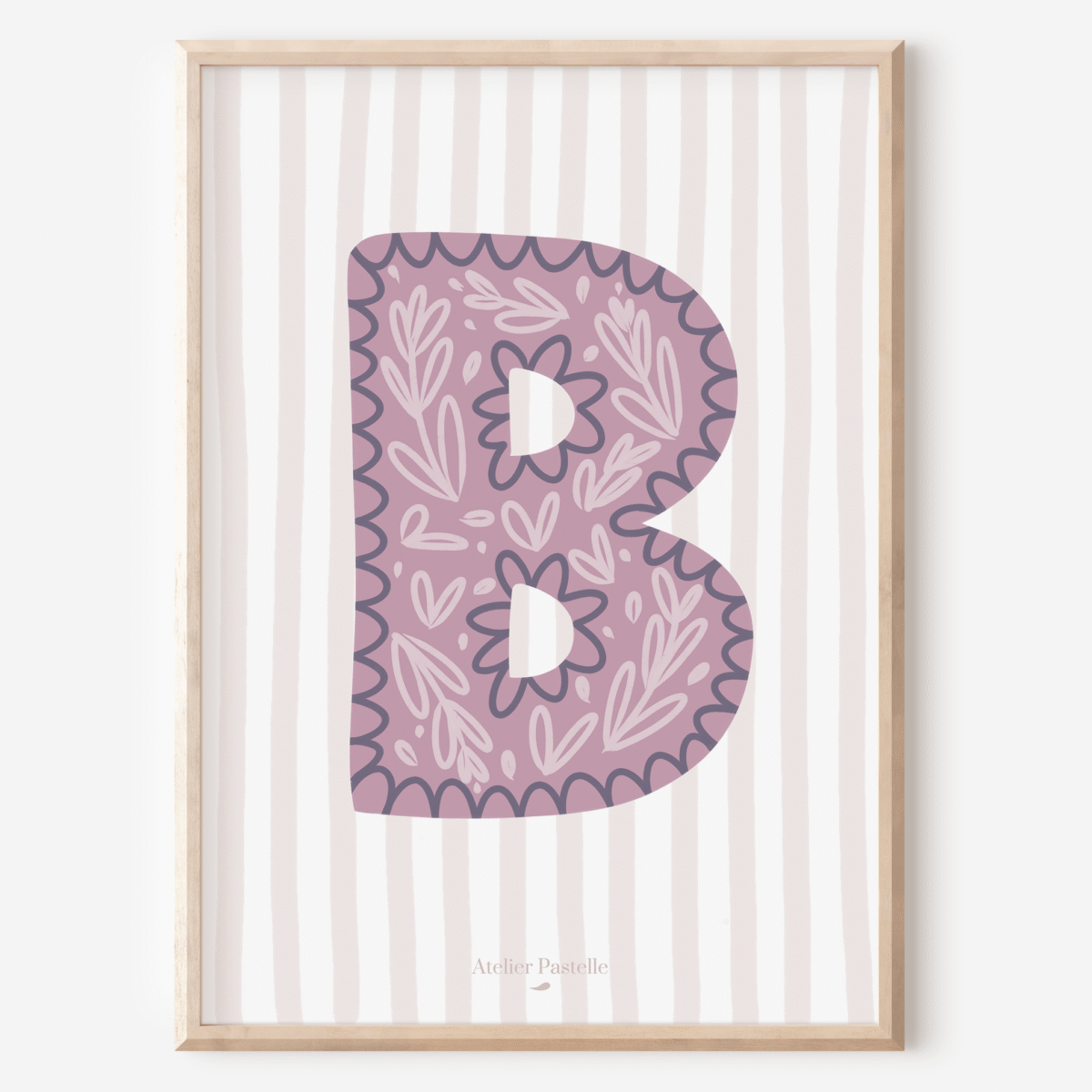 Affiche lettre B motif brindilles violet - collection Les Petites Initiales
