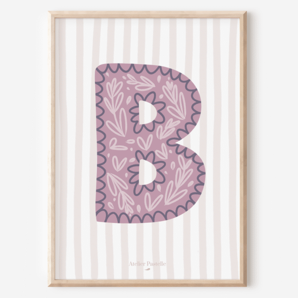 Affiche lettre B motif brindilles violet - collection Les Petites Initiales
