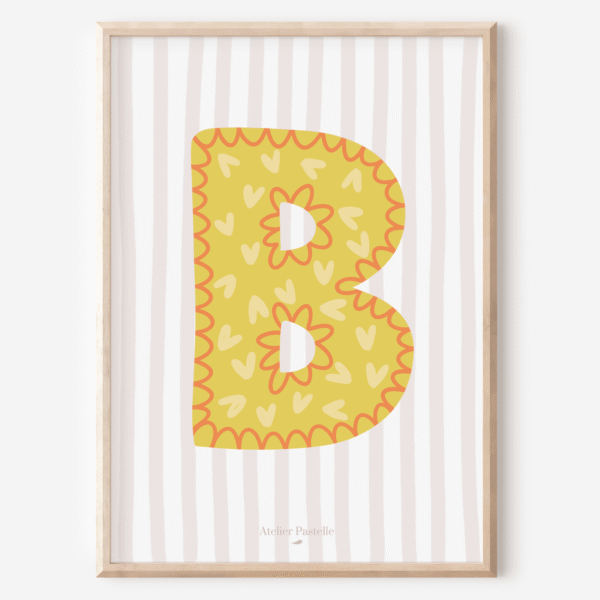 Affiche lettre B motif coeurs jaune - collection Les Petites Initiales