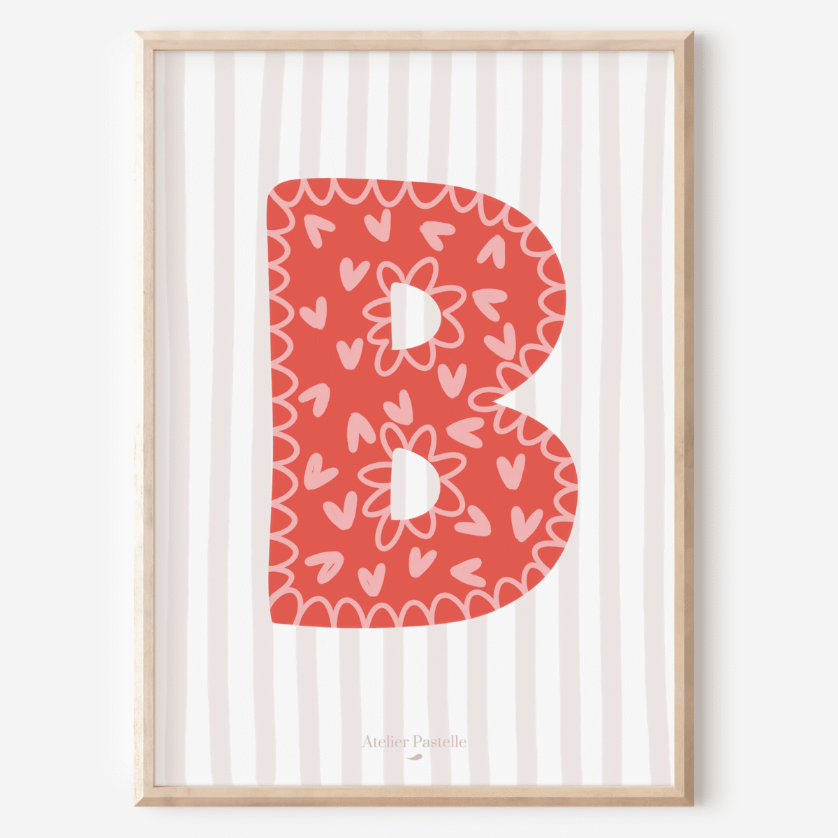 Affiche lettre B motif coeurs rouge - collection Les Petites Initiales