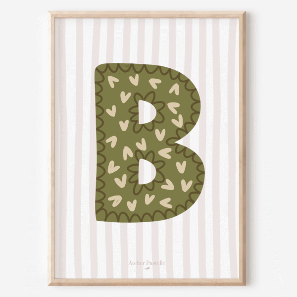 Affiche lettre B motif coeurs vert - collection Les Petites Initiales
