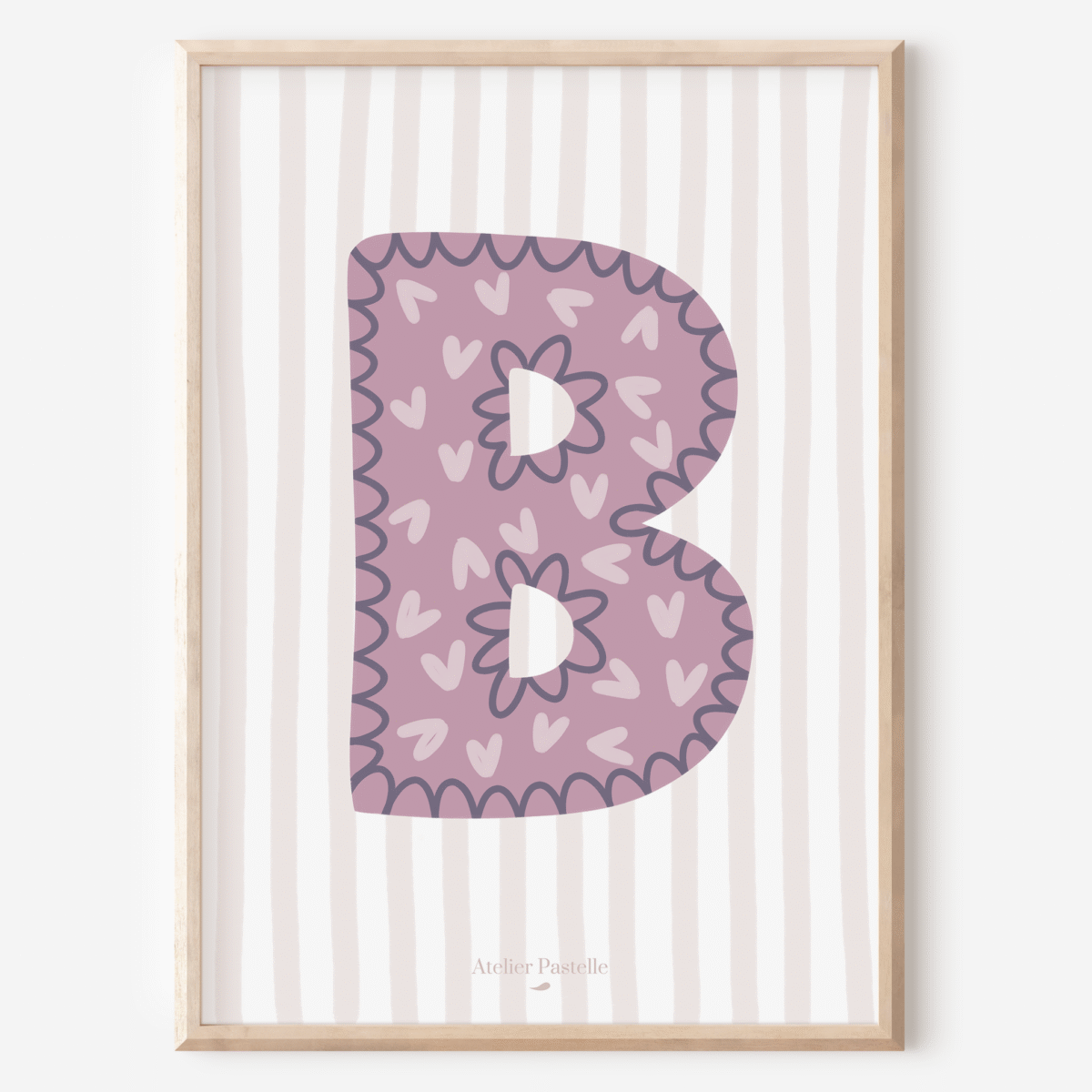 Affiche lettre B motif coeurs violet - collection Les Petites Initiales