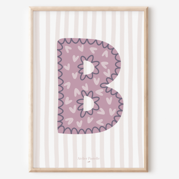Affiche lettre B motif coeurs violet - collection Les Petites Initiales