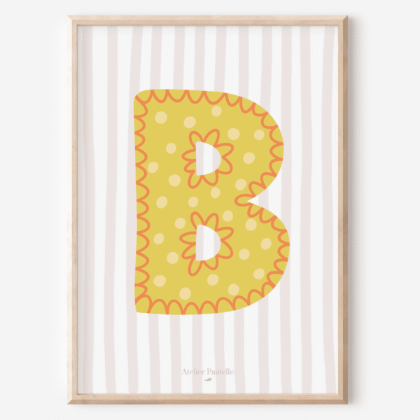Affiche lettre B motif pois jaune - collection Les Petites Initiales