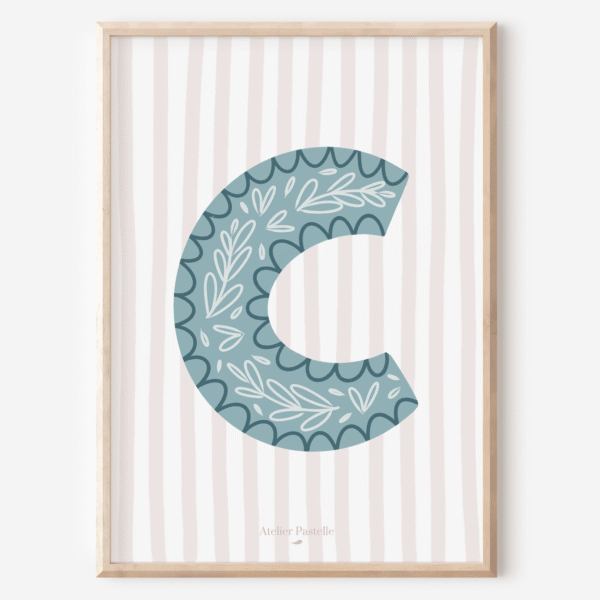 Affiche lettre C motif brindilles bleu clair - collection Les Petites Initiales