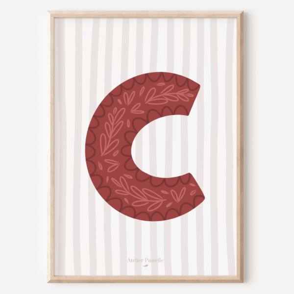 Affiche lettre C motif brindilles bordeaux - collection Les Petites Initiales
