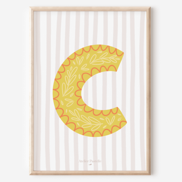 Affiche lettre C motif brindilles jaune - collection Les Petites Initiales