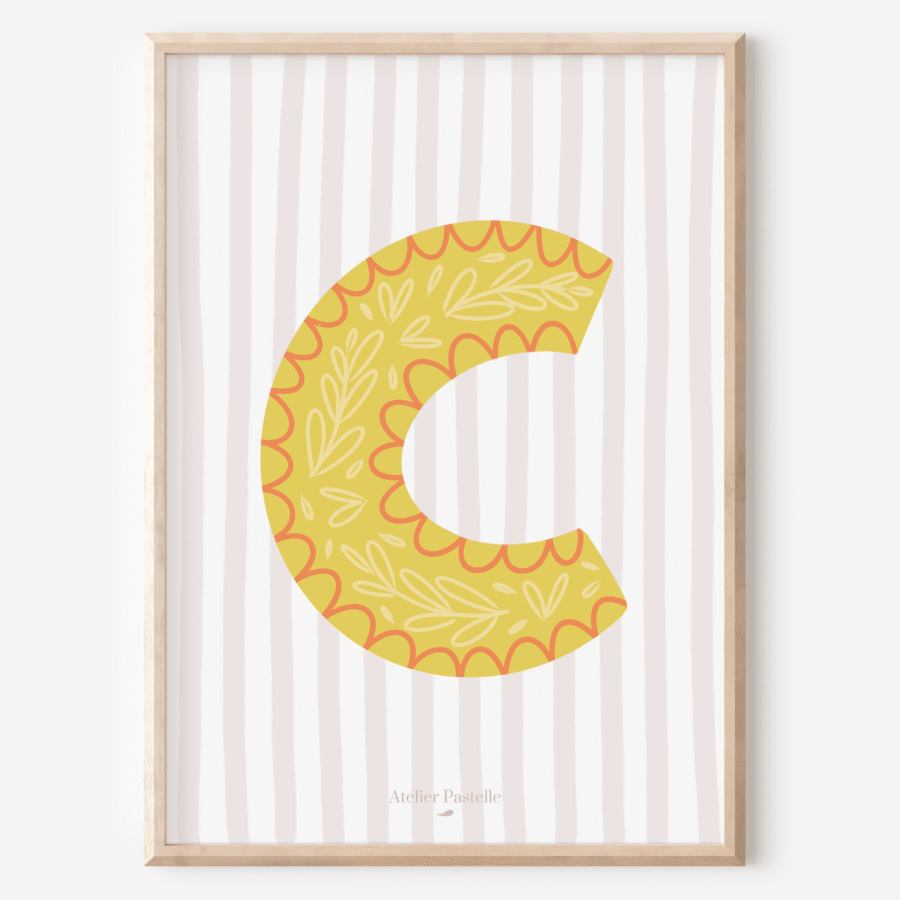 Affiche lettre C motif brindilles jaune - collection Les Petites Initiales