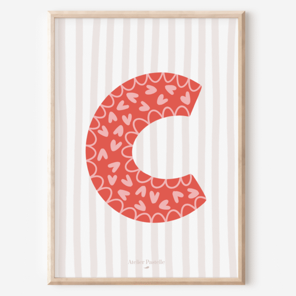 Affiche lettre C motif coeurs rouge - collection Les Petites Initiales