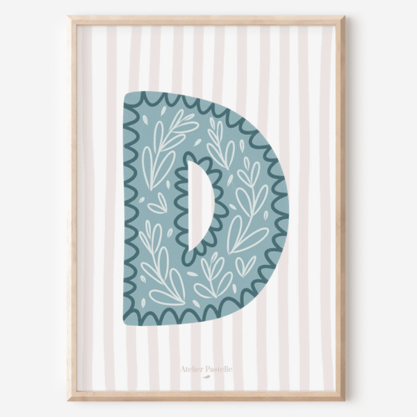 Affiche lettre D motif brindilles bleu clair - collection Les Petites Initiales
