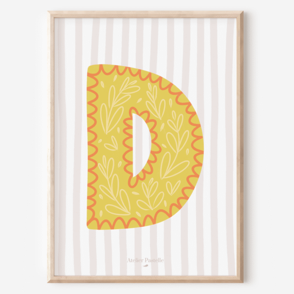 Affiche lettre D motif brindilles jaune - collection Les Petites Initiales