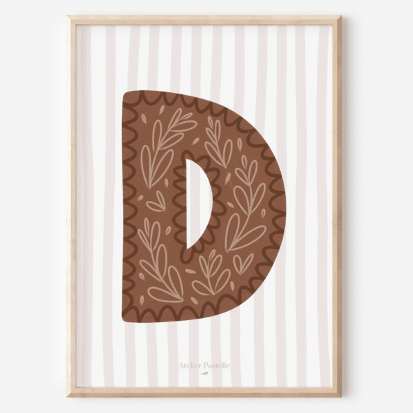 Affiche lettre D motif brindilles marron - collection Les Petites Initiales