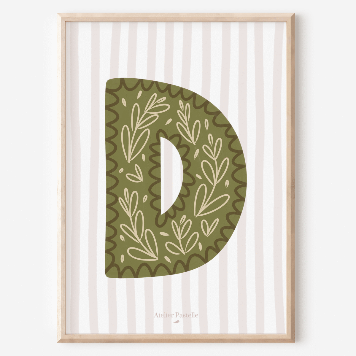 Affiche lettre D motif brindilles vert - collection Les Petites Initiales