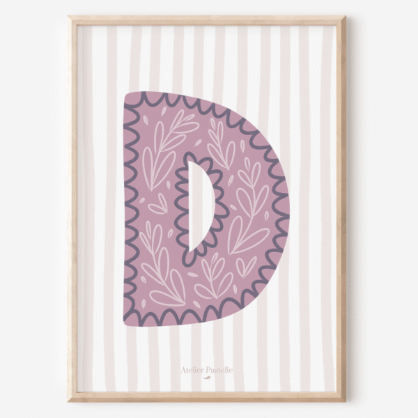 Affiche lettre D motif brindilles violet - collection Les Petites Initiales
