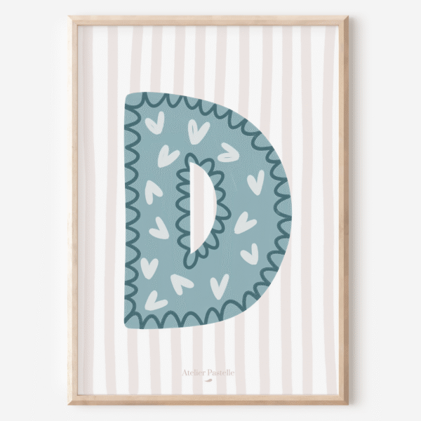 Affiche lettre D motif coeurs bleu clair - collection Les Petites Initiales