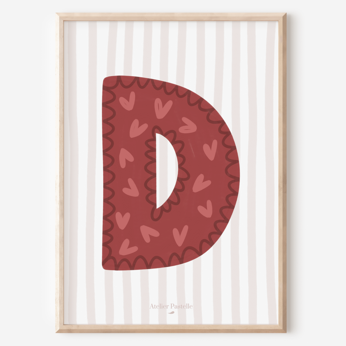 Affiche lettre D motif coeurs bordeaux - collection Les Petites Initiales