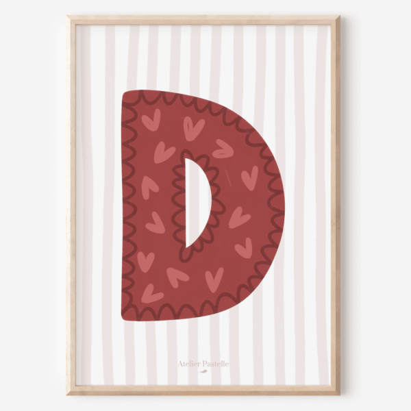 Affiche lettre D motif coeurs bordeaux - collection Les Petites Initiales