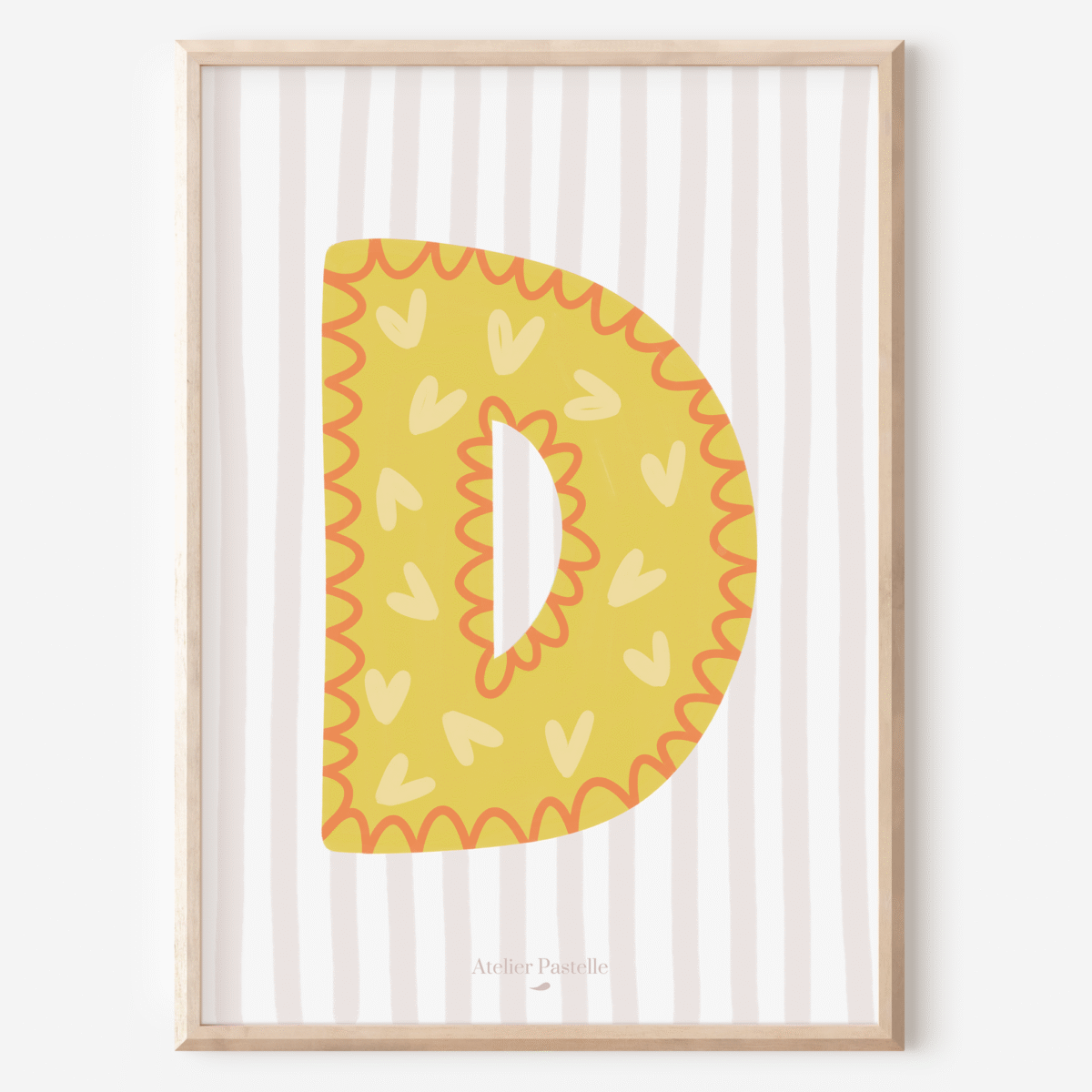 Affiche lettre D motif coeurs jaune - collection Les Petites Initiales
