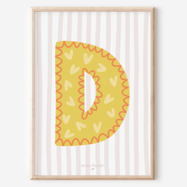 Affiche lettre D motif coeurs jaune - collection Les Petites Initiales