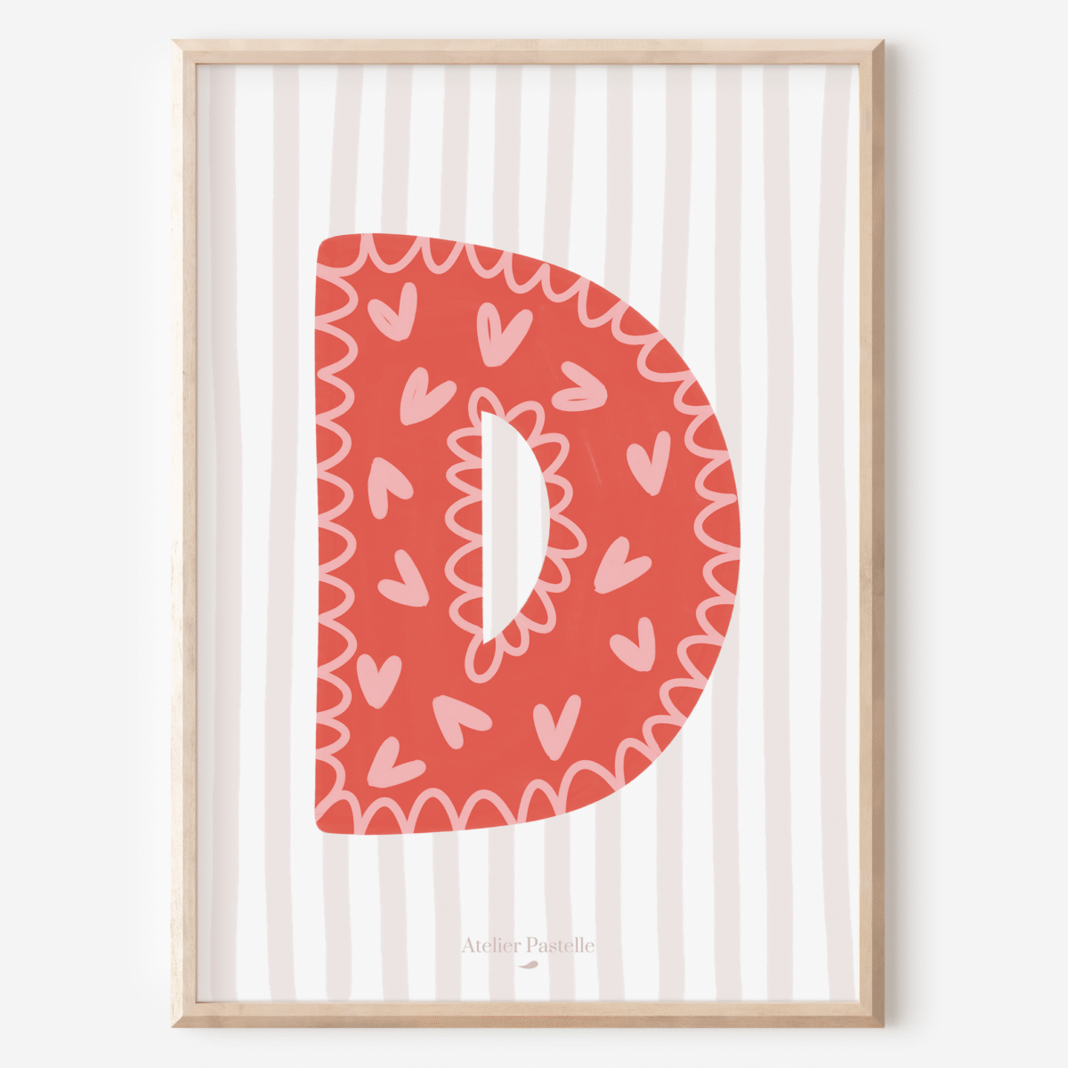 Affiche lettre D motif coeurs rouge - collection Les Petites Initiales