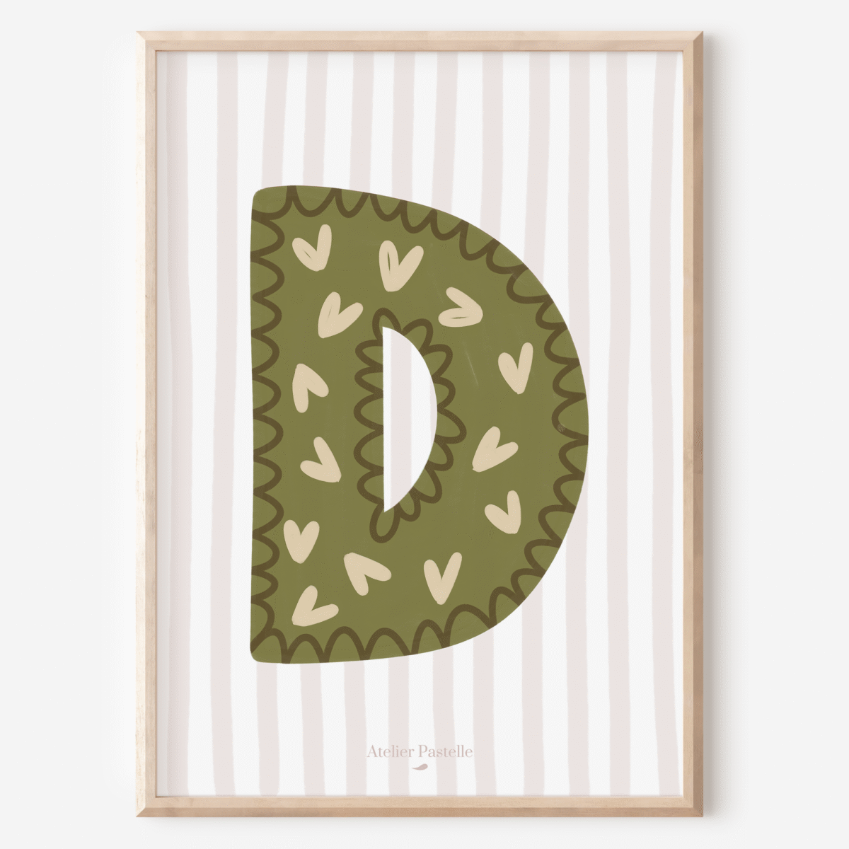 Affiche lettre D motif coeurs vert - collection Les Petites Initiales