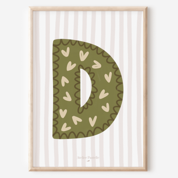 Affiche lettre D motif coeurs vert - collection Les Petites Initiales