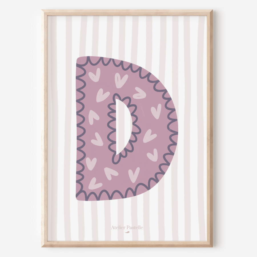 Affiche lettre D motif coeurs violet - collection Les Petites Initiales