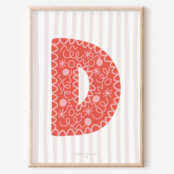 Affiche lettre D motif confettis rouge - collection Les Petites Initiales