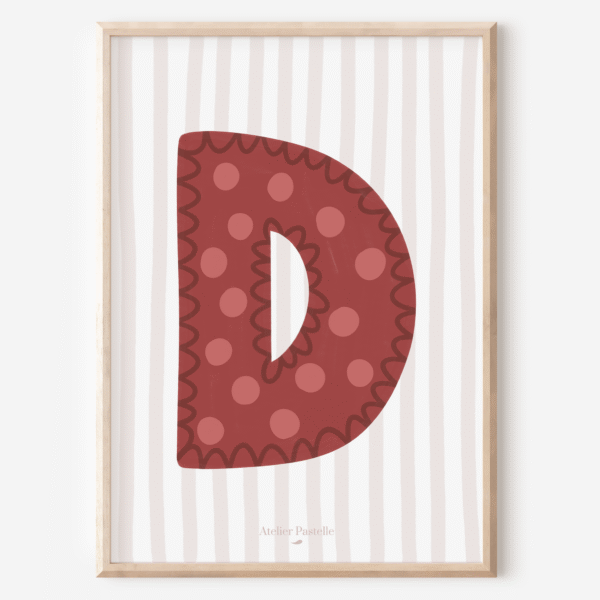 Affiche lettre D motif pois bordeaux - collection Les Petites Initiales