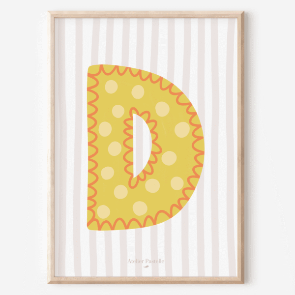 Affiche lettre D motif pois jaune - collection Les Petites Initiales