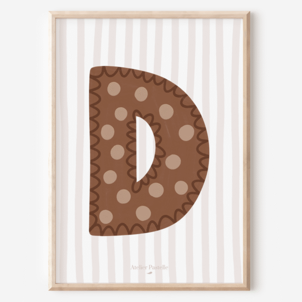 Affiche lettre D motif pois marron - collection Les Petites Initiales