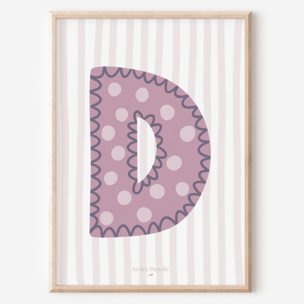 Affiche lettre D motif pois violet - collection Les Petites Initiales