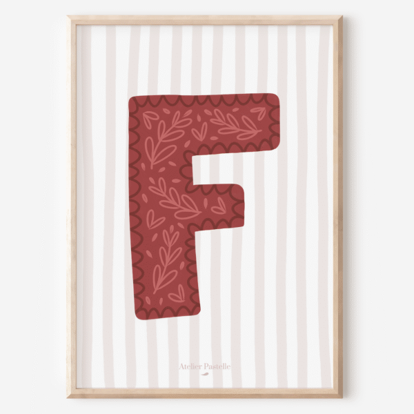 Affiche lettre F motif brindilles bordeaux - collection Les Petites Initiales