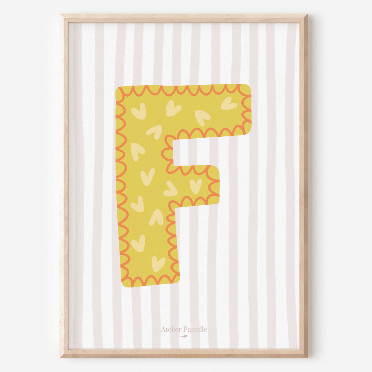 Affiche lettre F motif coeurs jaune - collection Les Petites Initiales