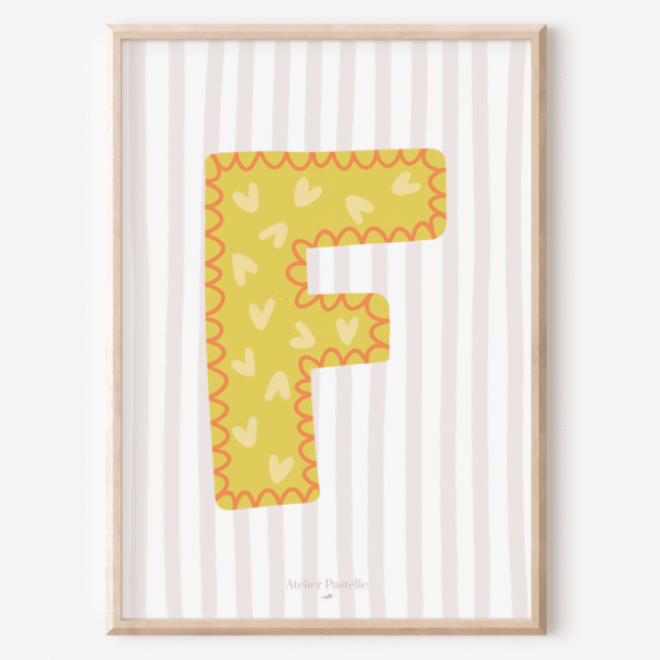Affiche lettre F motif coeurs jaune - collection Les Petites Initiales