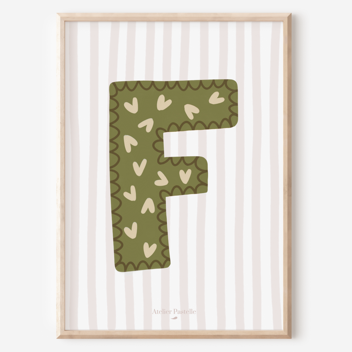 Affiche lettre F motif coeurs vert - collection Les Petites Initiales