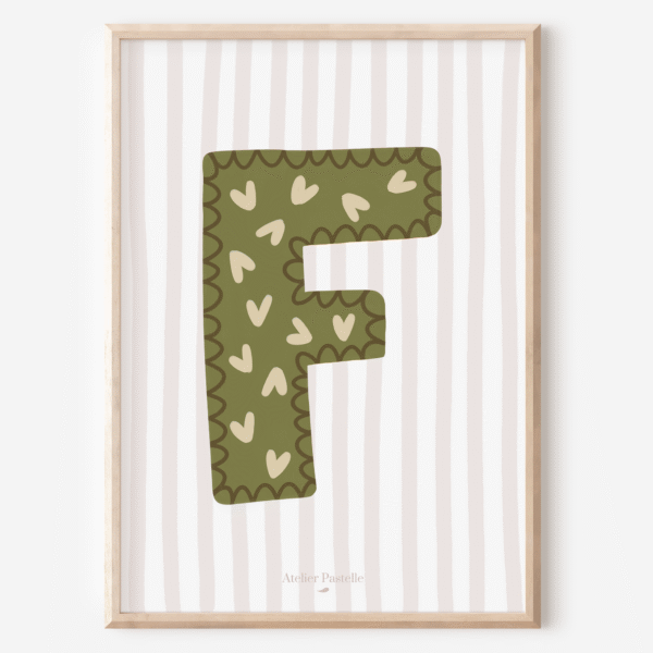 Affiche lettre F motif coeurs vert - collection Les Petites Initiales