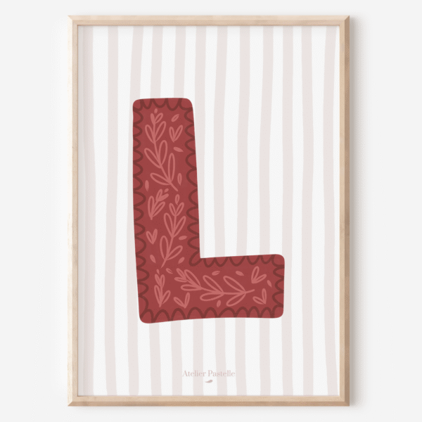Affiche lettre L motif brindilles bordeaux - collection Les Petites Initiales