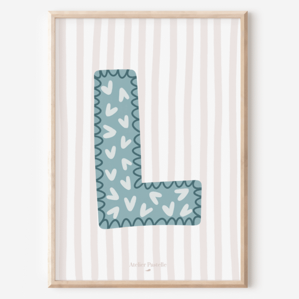 Affiche lettre L motif coeurs bleu clair - collection Les Petites Initiales