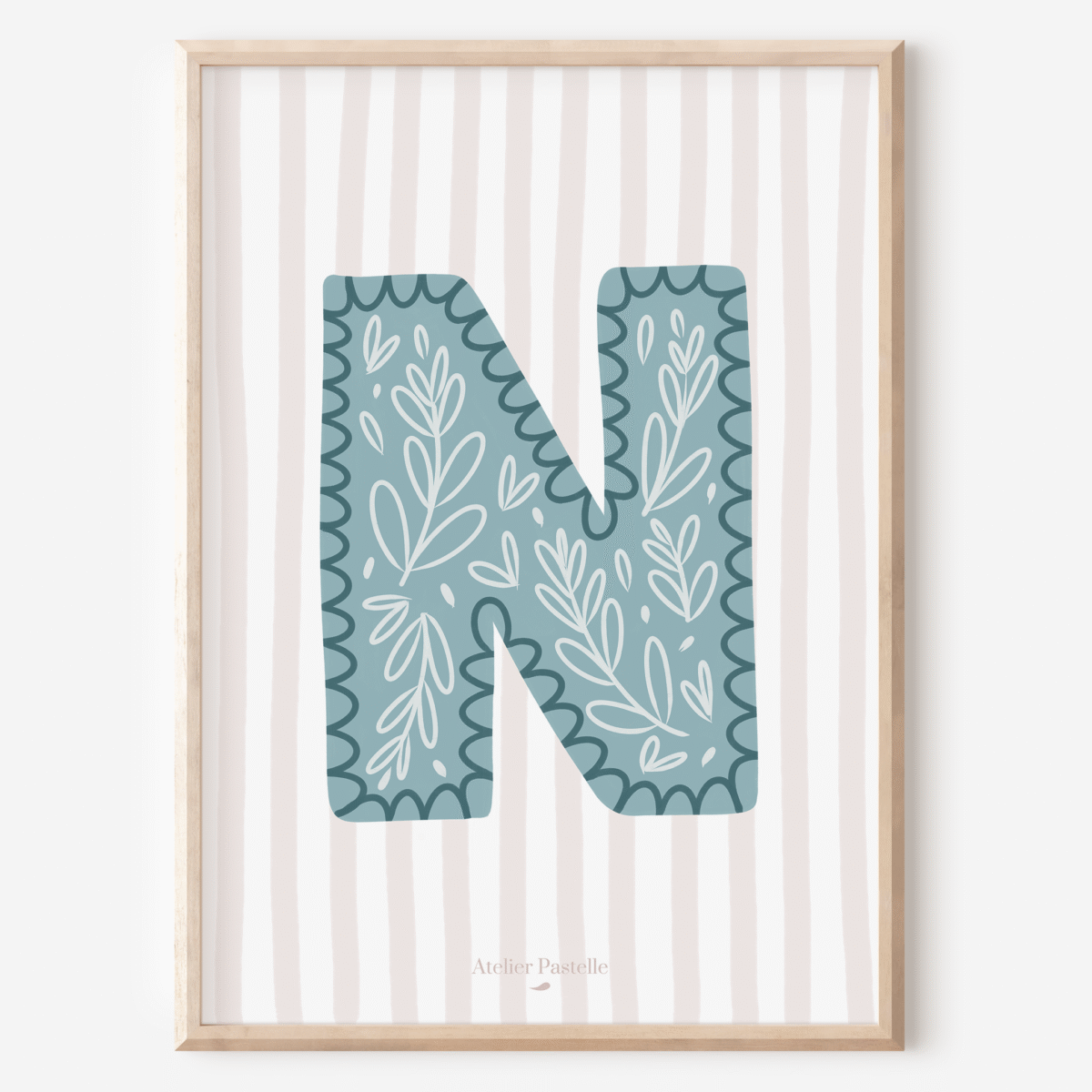 Affiche lettre N motif brindilles bleu clair - collection Les Petites Initiales