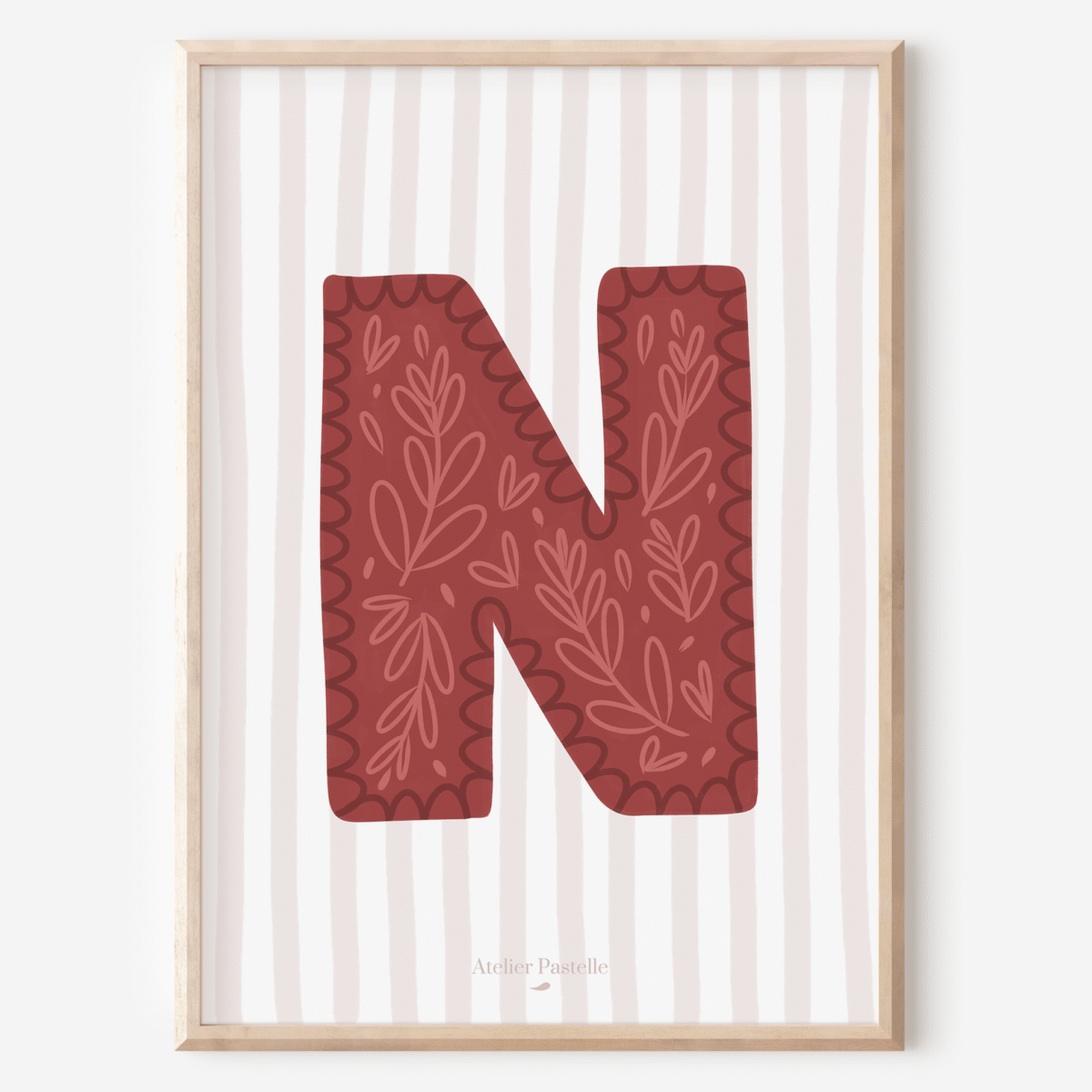 Affiche lettre N motif brindilles bordeaux - collection Les Petites Initiales