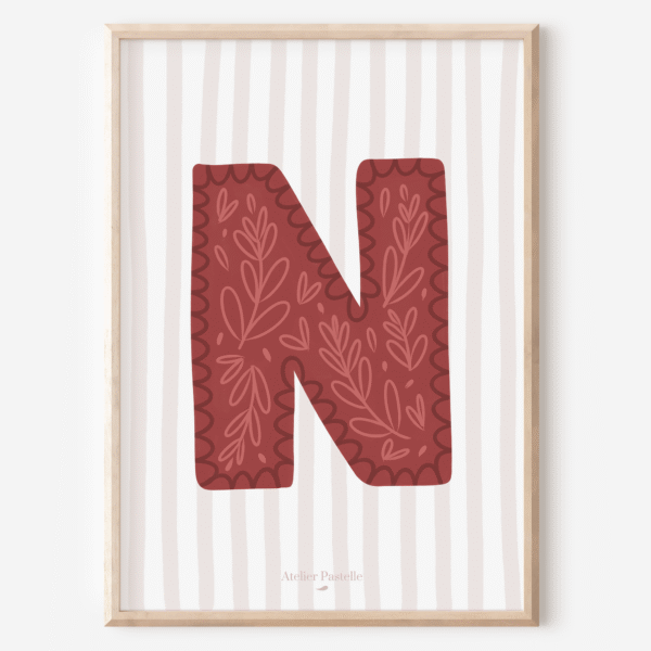 Affiche lettre N motif brindilles bordeaux - collection Les Petites Initiales