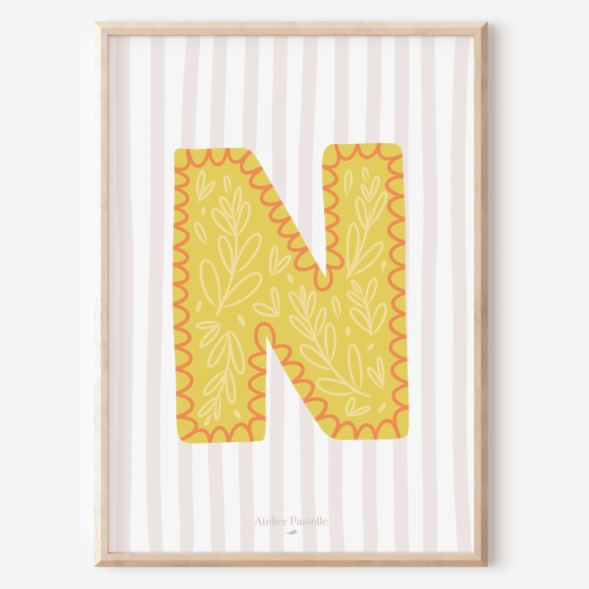 Affiche lettre N motif brindilles jaune - collection Les Petites Initiales