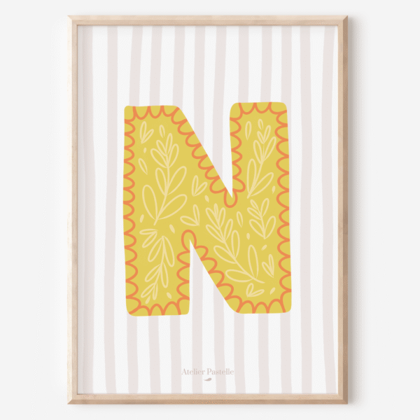 Affiche lettre N motif brindilles jaune - collection Les Petites Initiales