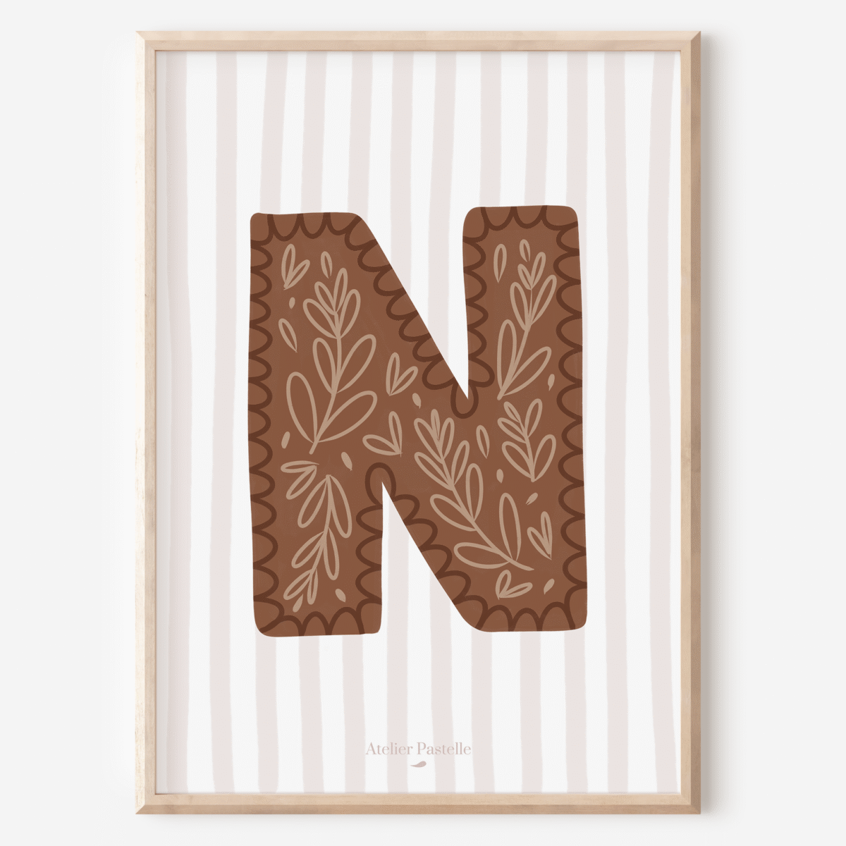 Affiche lettre N motif brindilles marron - collection Les Petites Initiales