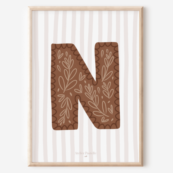 Affiche lettre N motif brindilles marron - collection Les Petites Initiales