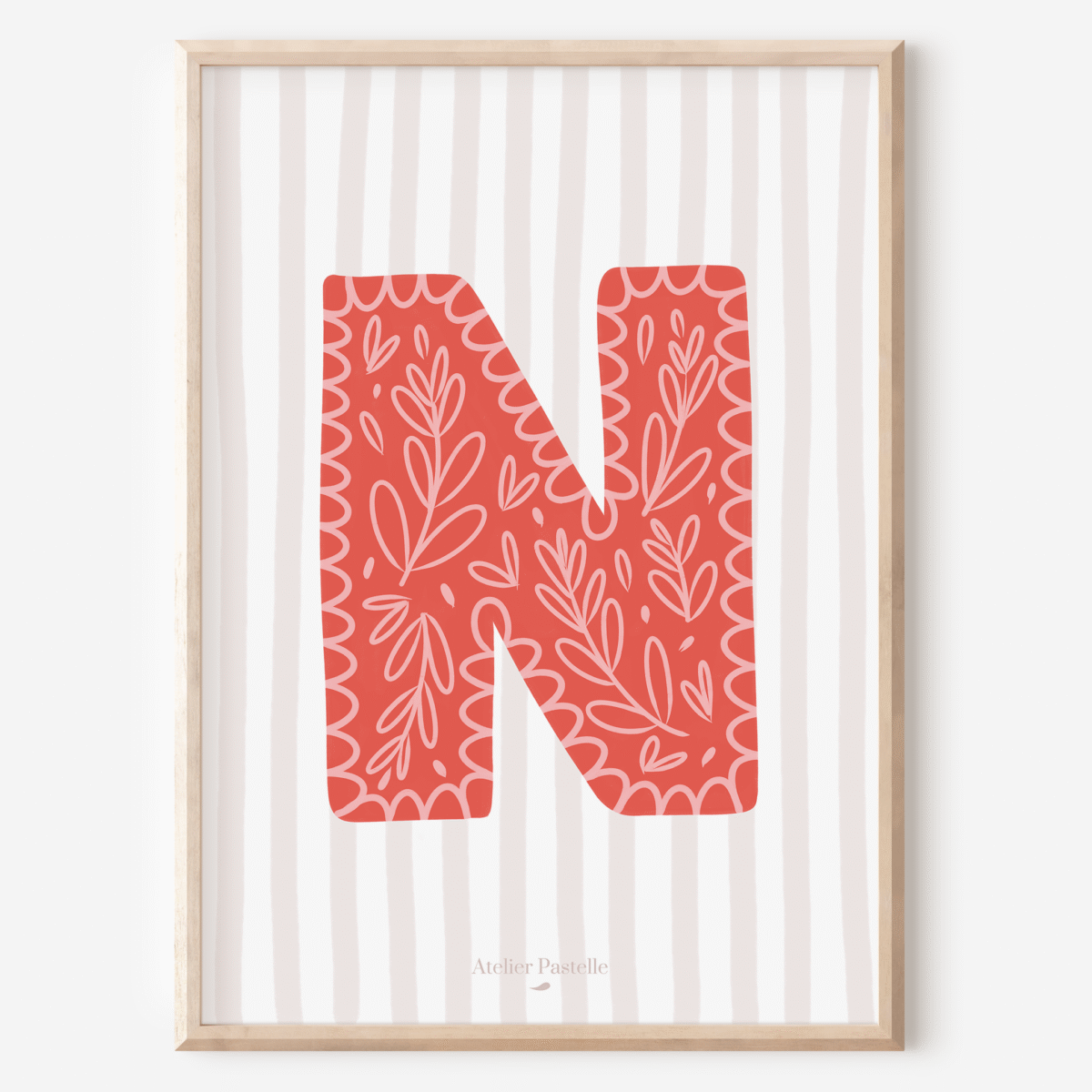 Affiche lettre N motif brindilles rouge - collection Les Petites Initiales